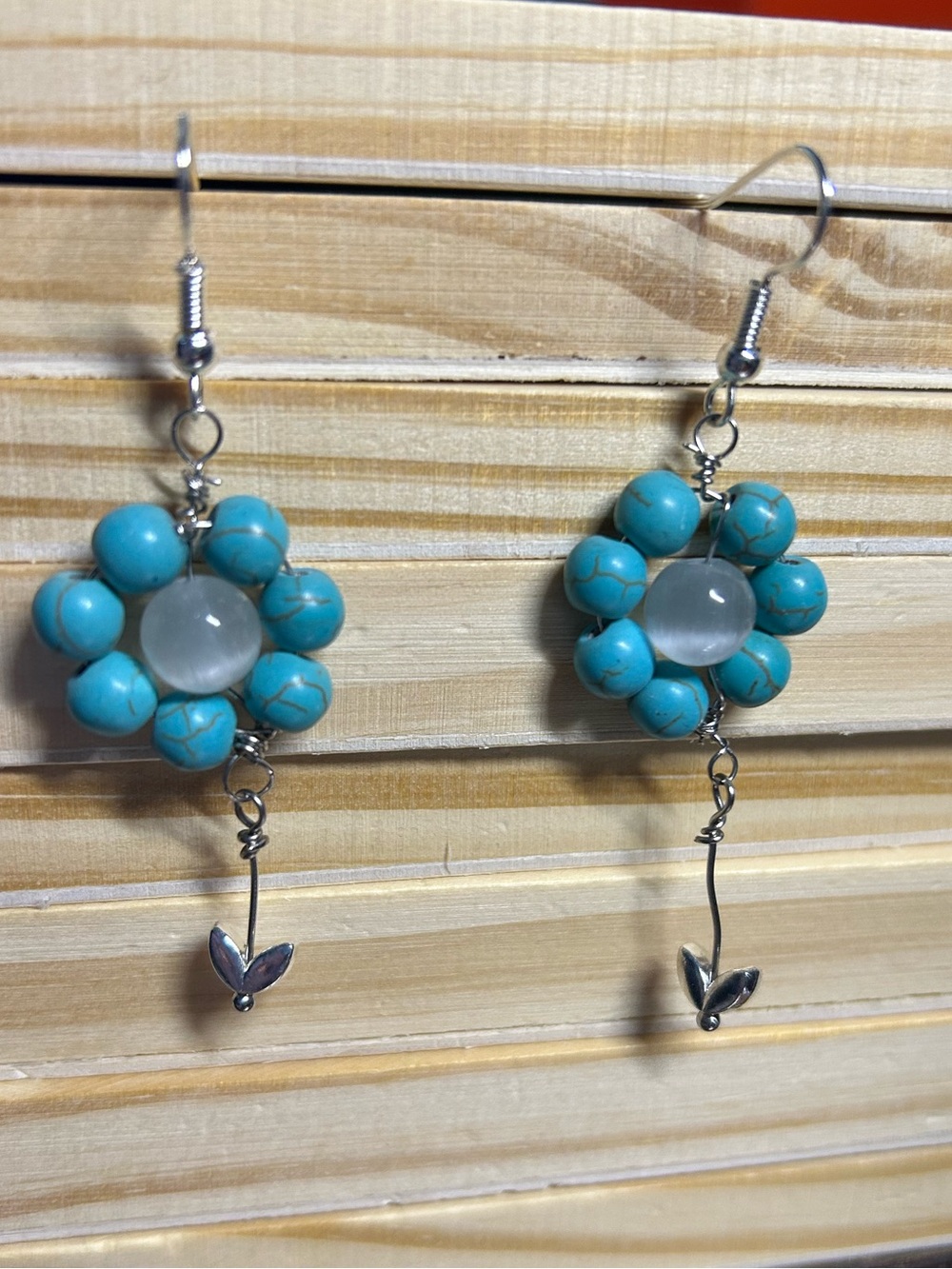 3/$25 Turquoise Flower Dangle Earrings with Silver Leaf Accent - Picture 4 of 5